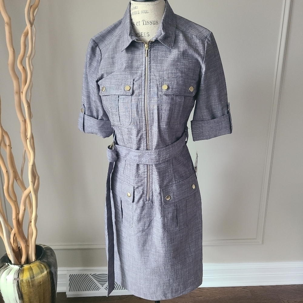 NWT Saharagano dress gray sz.6 rollup sleeves belted - Picture 12 of 12